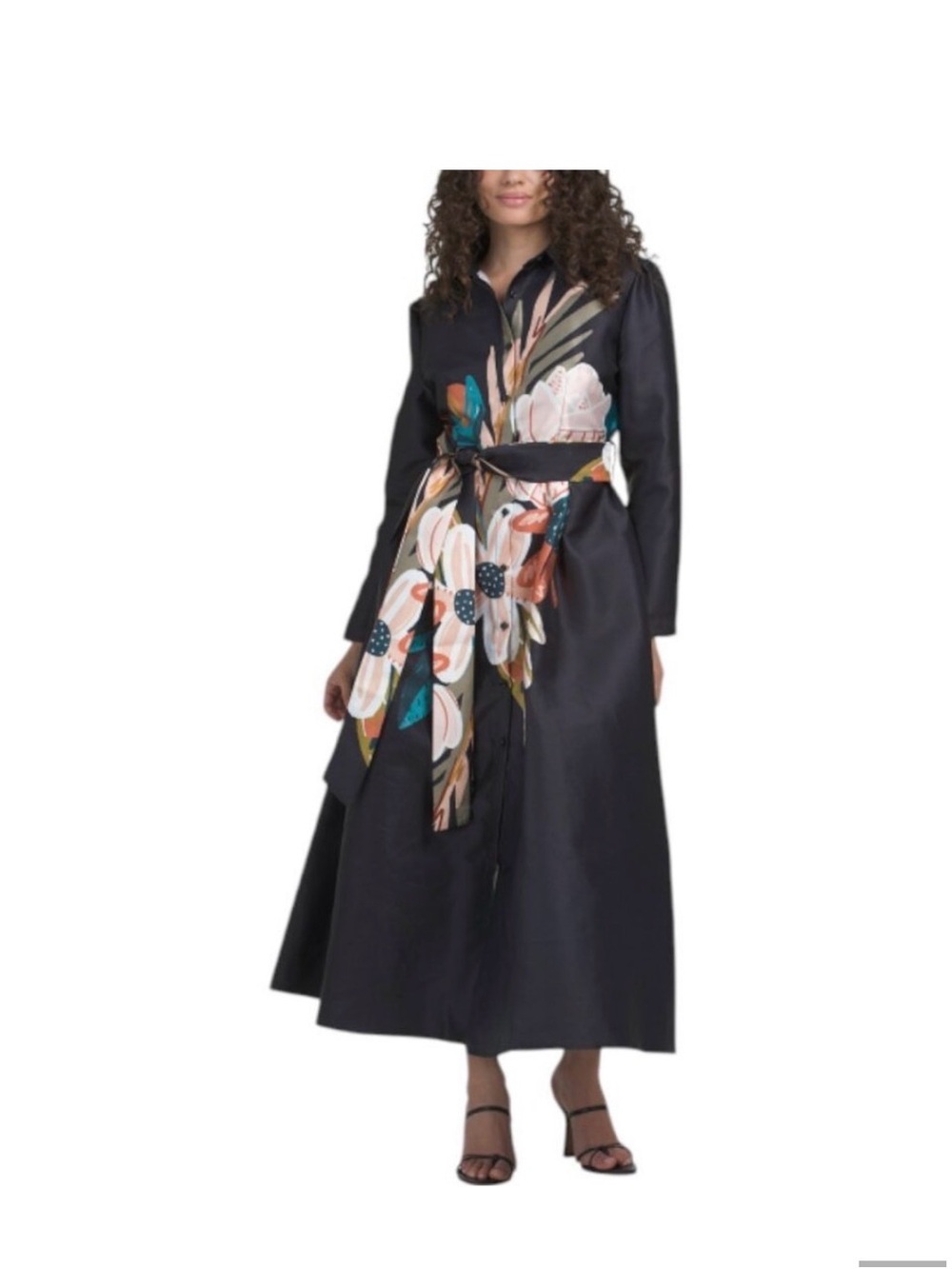 Floral-Print Black Maxi Shirt Dress with Waist Sash. Carolina Herrera style.